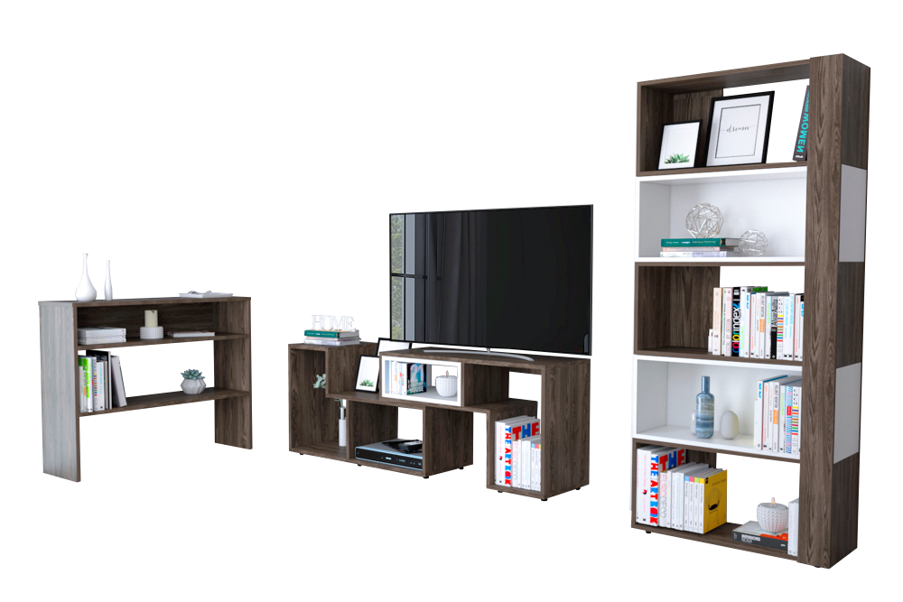 Rack Extensible + Biblioteca Cubo + Arrimo Beijing Color Coñac y Blanco Para Sala De Estar